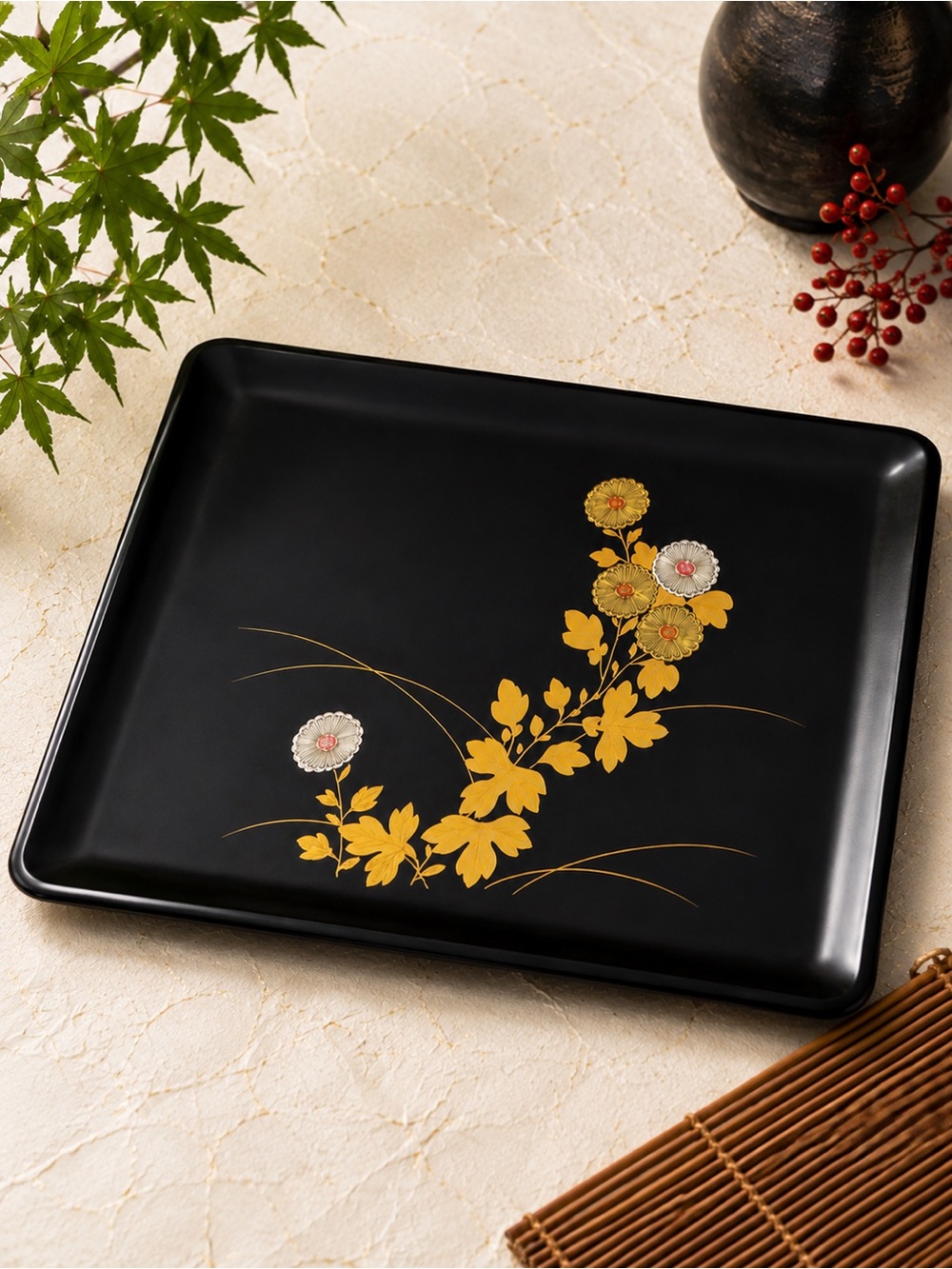Vintage‎ Japanese Black Lacquer Tray Gold Silver Floral 16x12 SS Japan